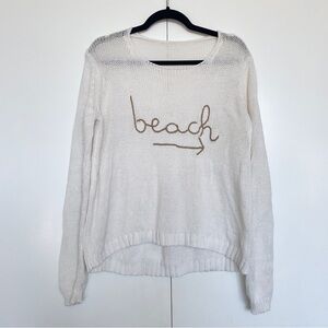 Beach sign cream & beige knit scoop neck sweater with threaded lettering | Sz M